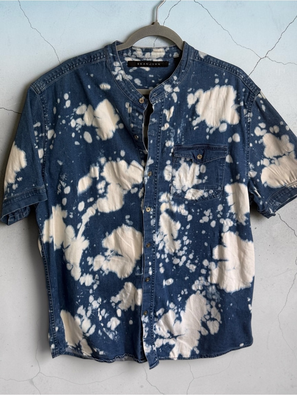Sean John Navy and White Bleach-Effect Short Sleeve Button-Down